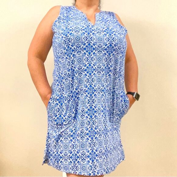 LANDS END Floral Geometric Sleeveless Casual Summer Dress Blue White Medium - Picture 3 of 12